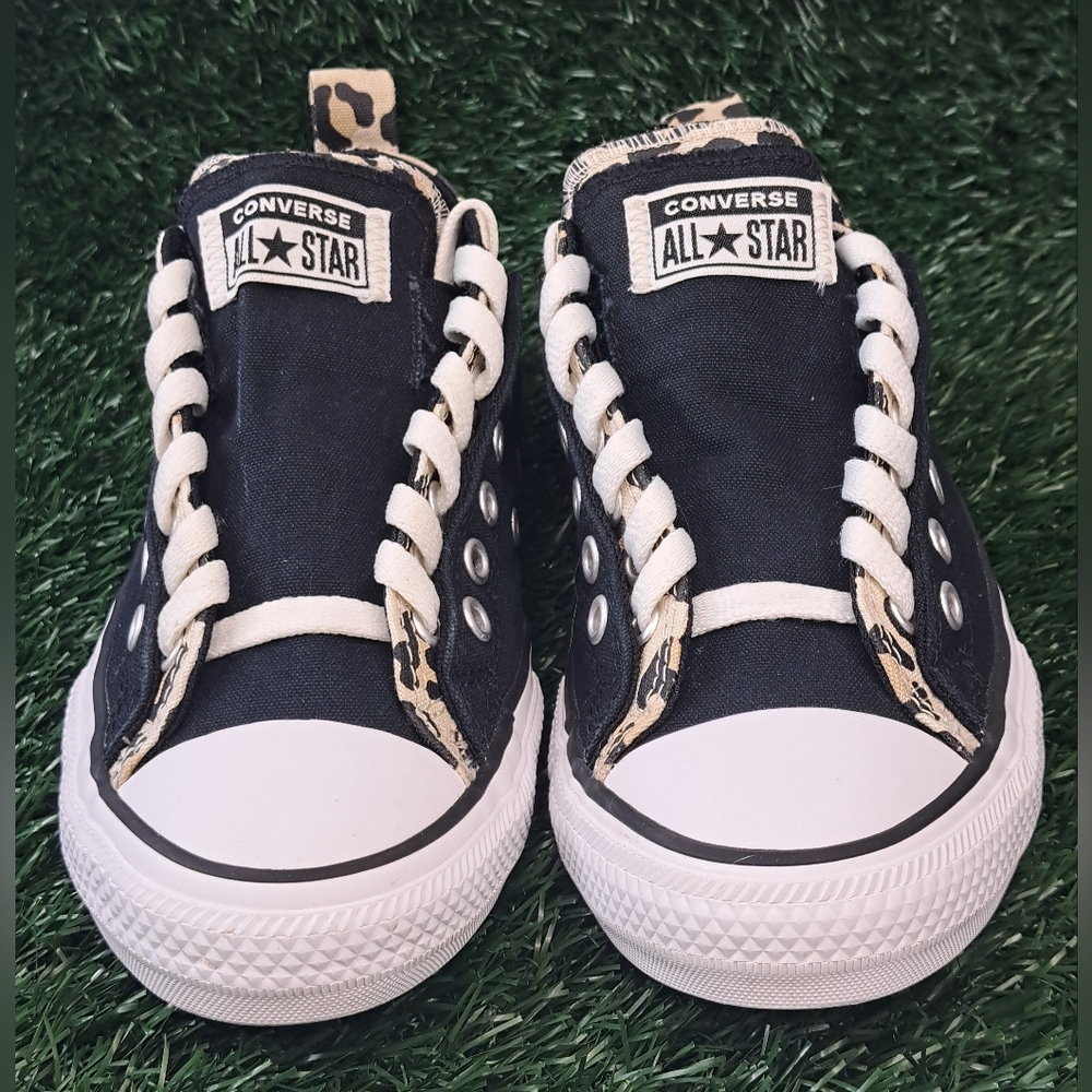 All Star Converse Chucks Dbl Tongue Juniors Size 5 Black Leopard Print Lining